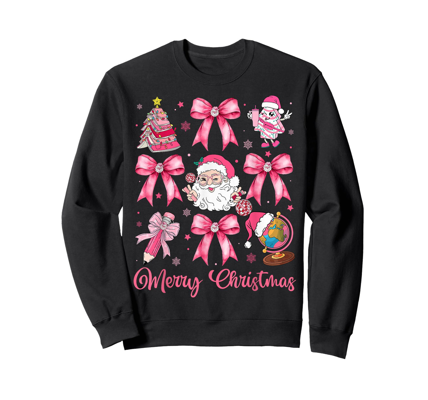 Merry Christmas Pink Santa Coquette Bow Teacher Girl Women T-Shirt
