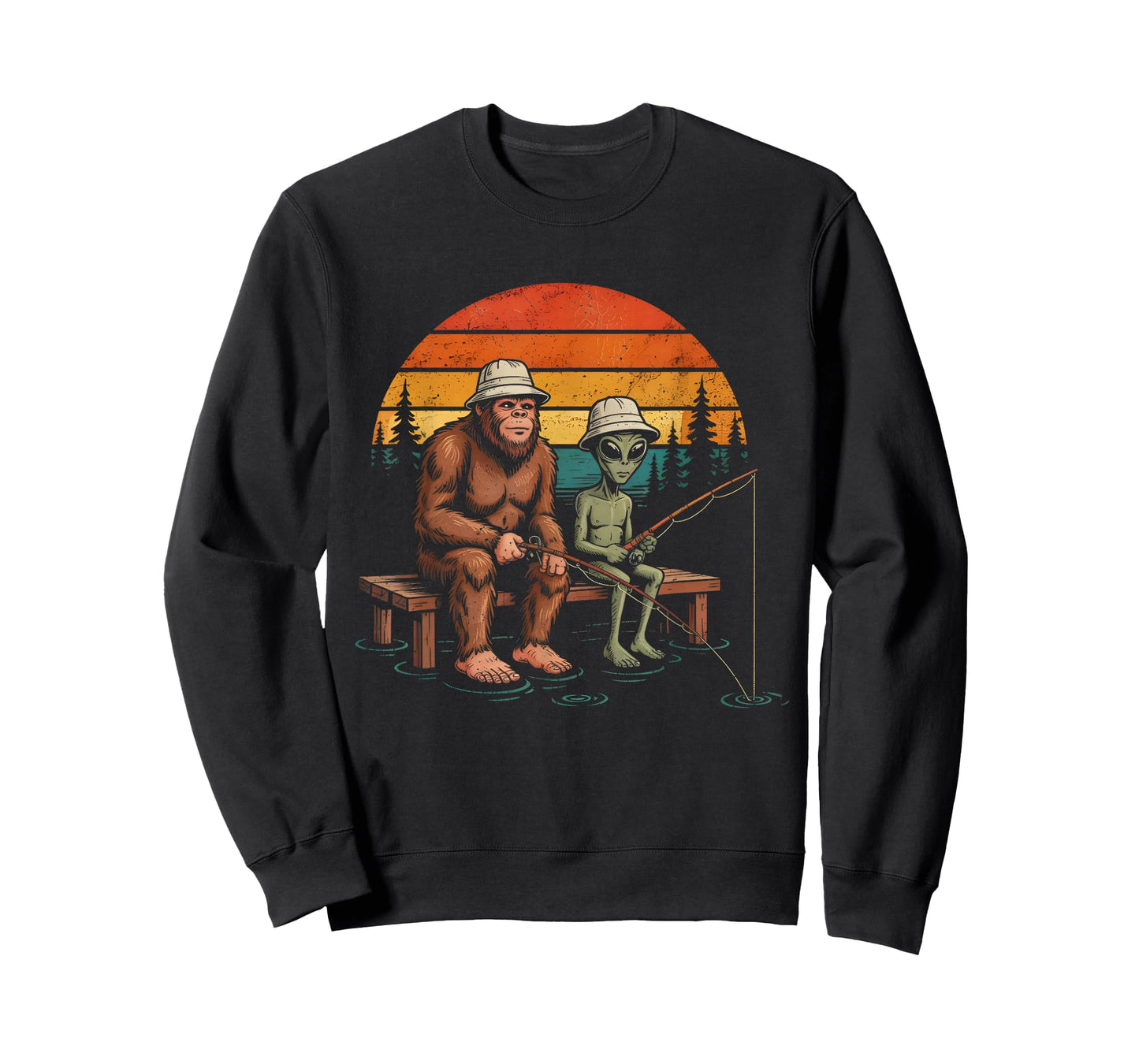 Funny Alien and Sasquatch Bigfoot Fishing Fisherman Men Boys T-Shirt