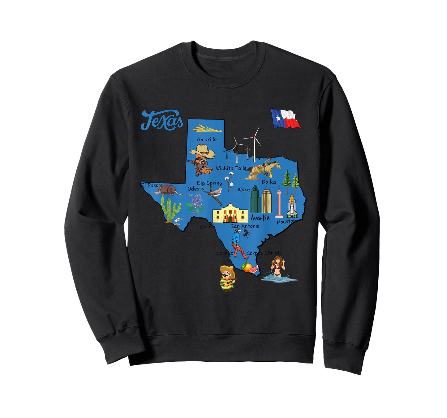 tourism map of Texas state, USA, cities, Landmarks, flag T-Shirt