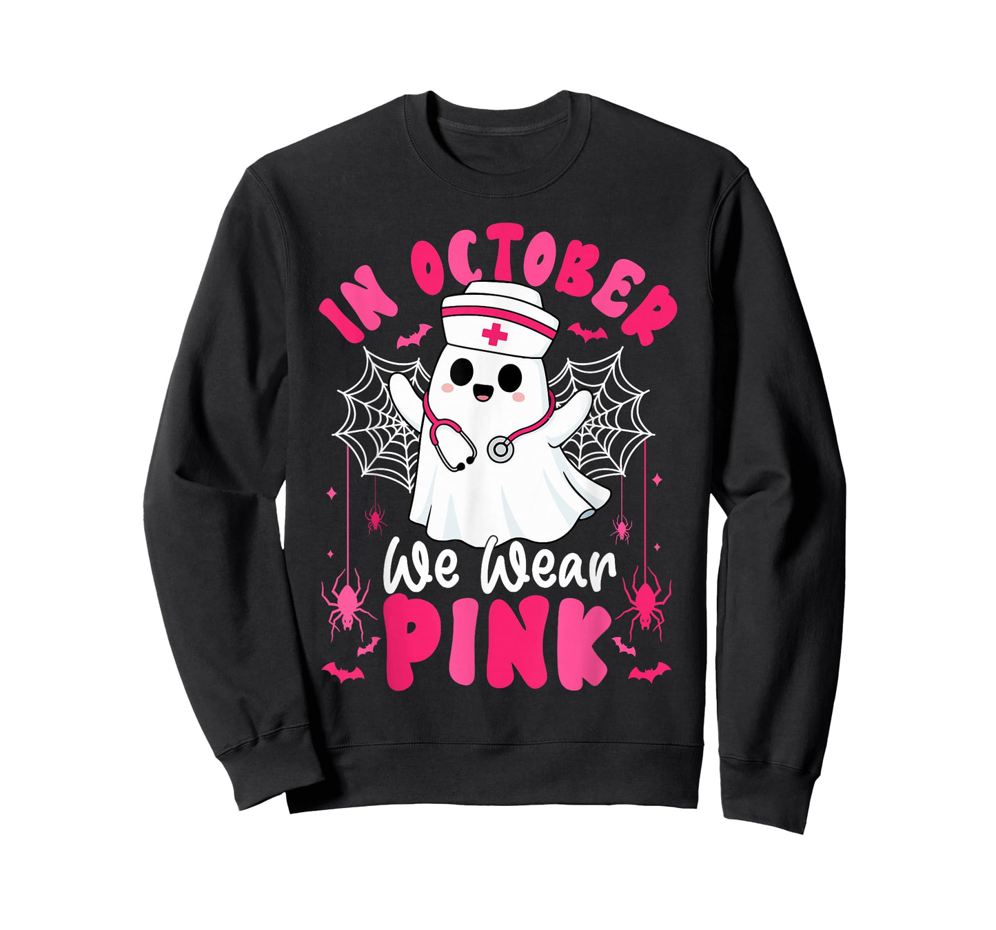 in October We Wear Pink Ghost Nurse Breast Cancer Awareness T-Shirt