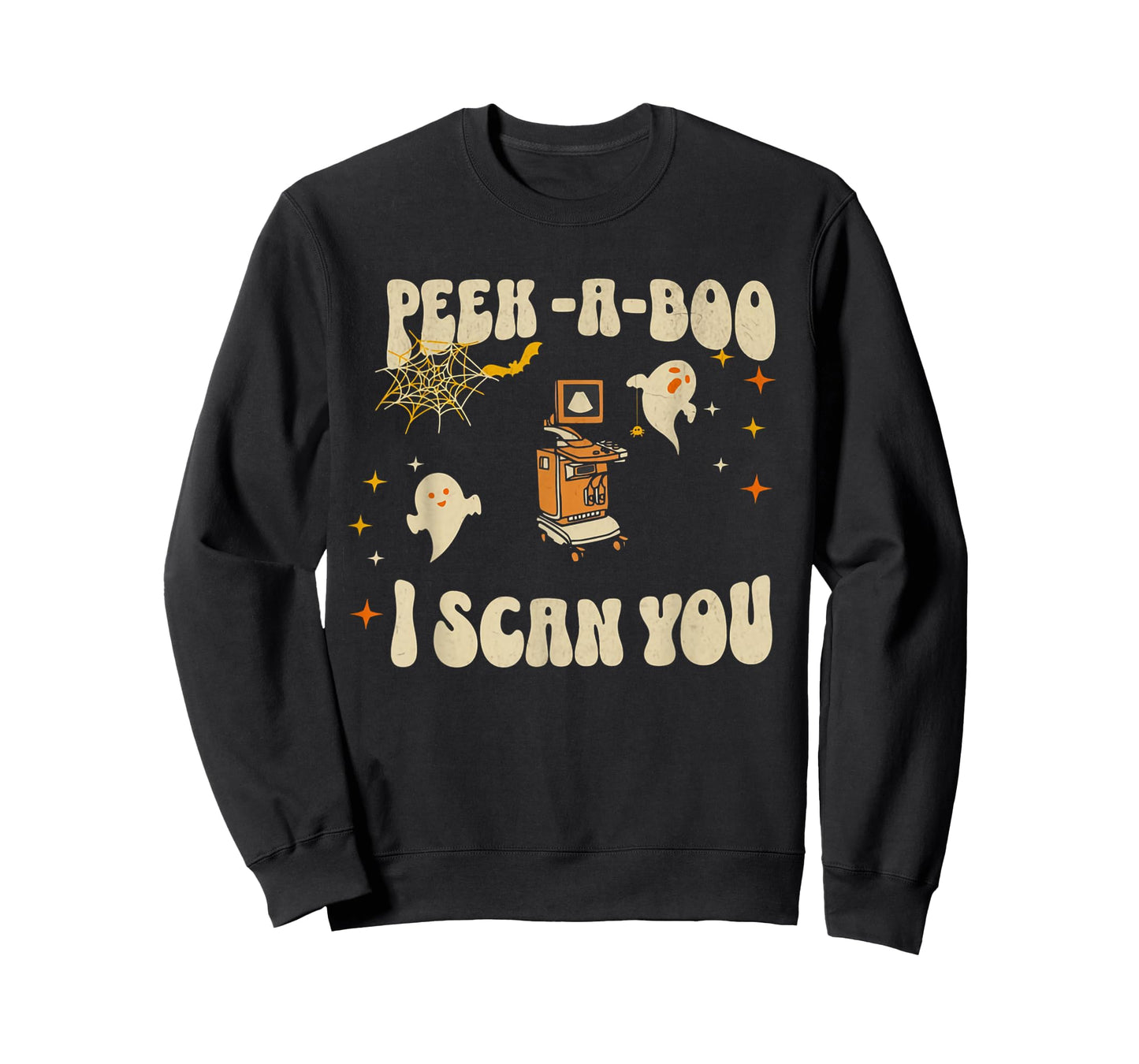 Retro Ultrasound Peek-A-Boo Halloween Ghost Sonography Crew T-Shirt