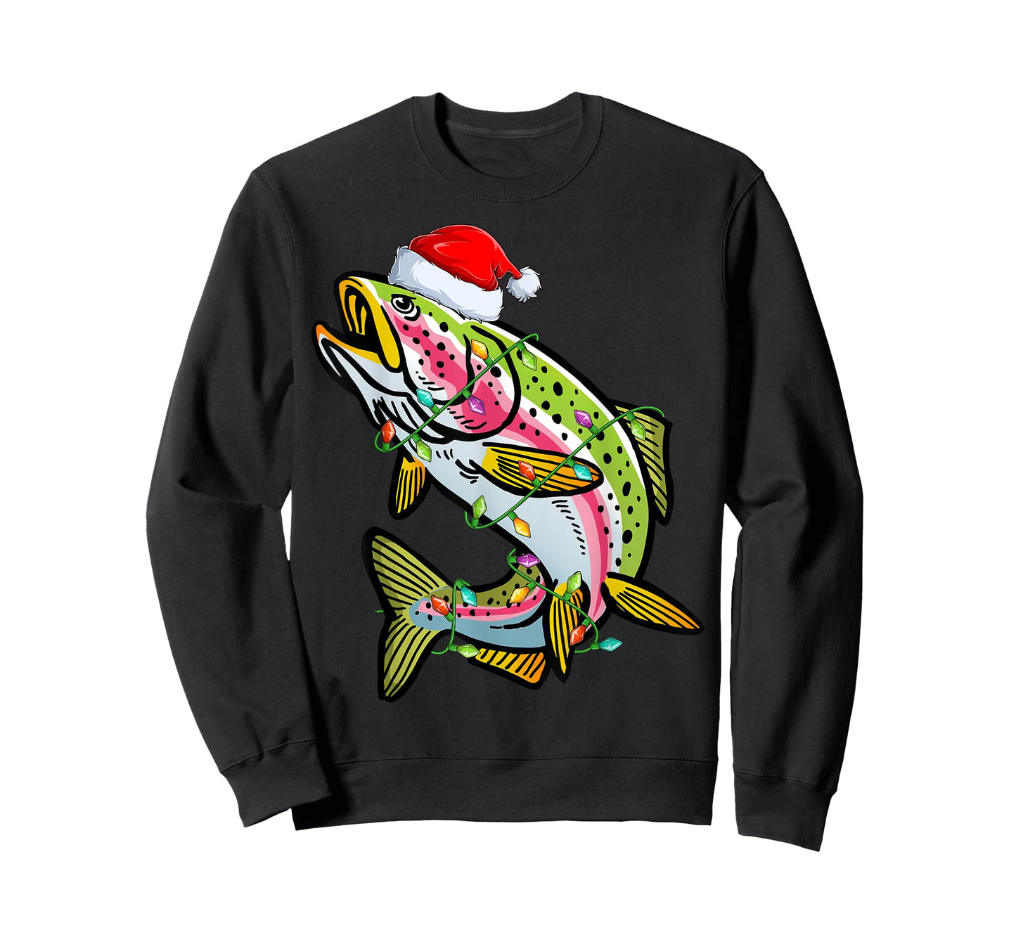 Xmas Lights Santa Hat Rainbow Trout Fish Christmas T-Shirt