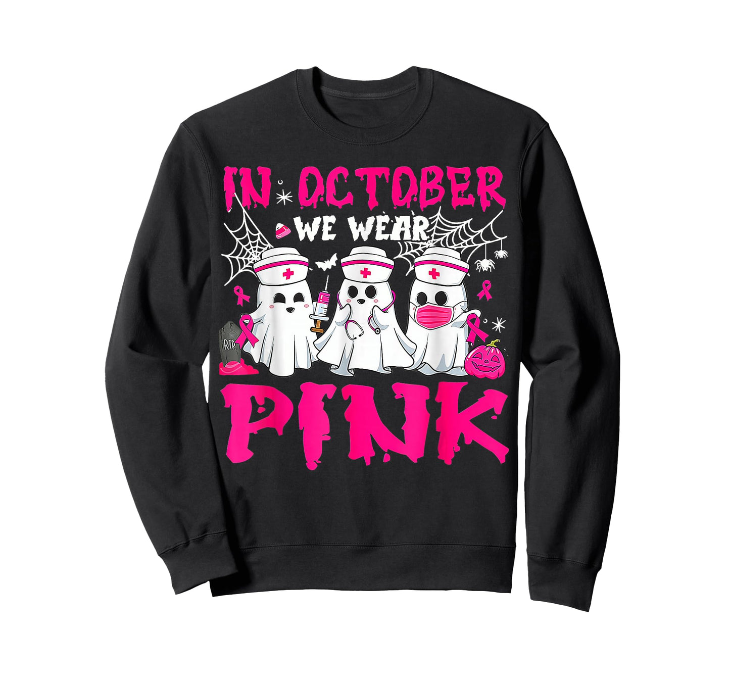 In October We Wear Pink Nurse Ghost Halloween Breast Cancer T-Shirt