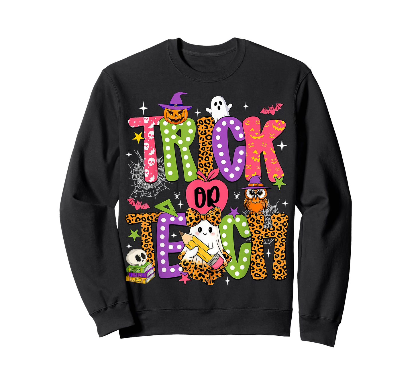Retro Trick Or Teach Leopard Ghost Halloween Spooky Teacher T-Shirt