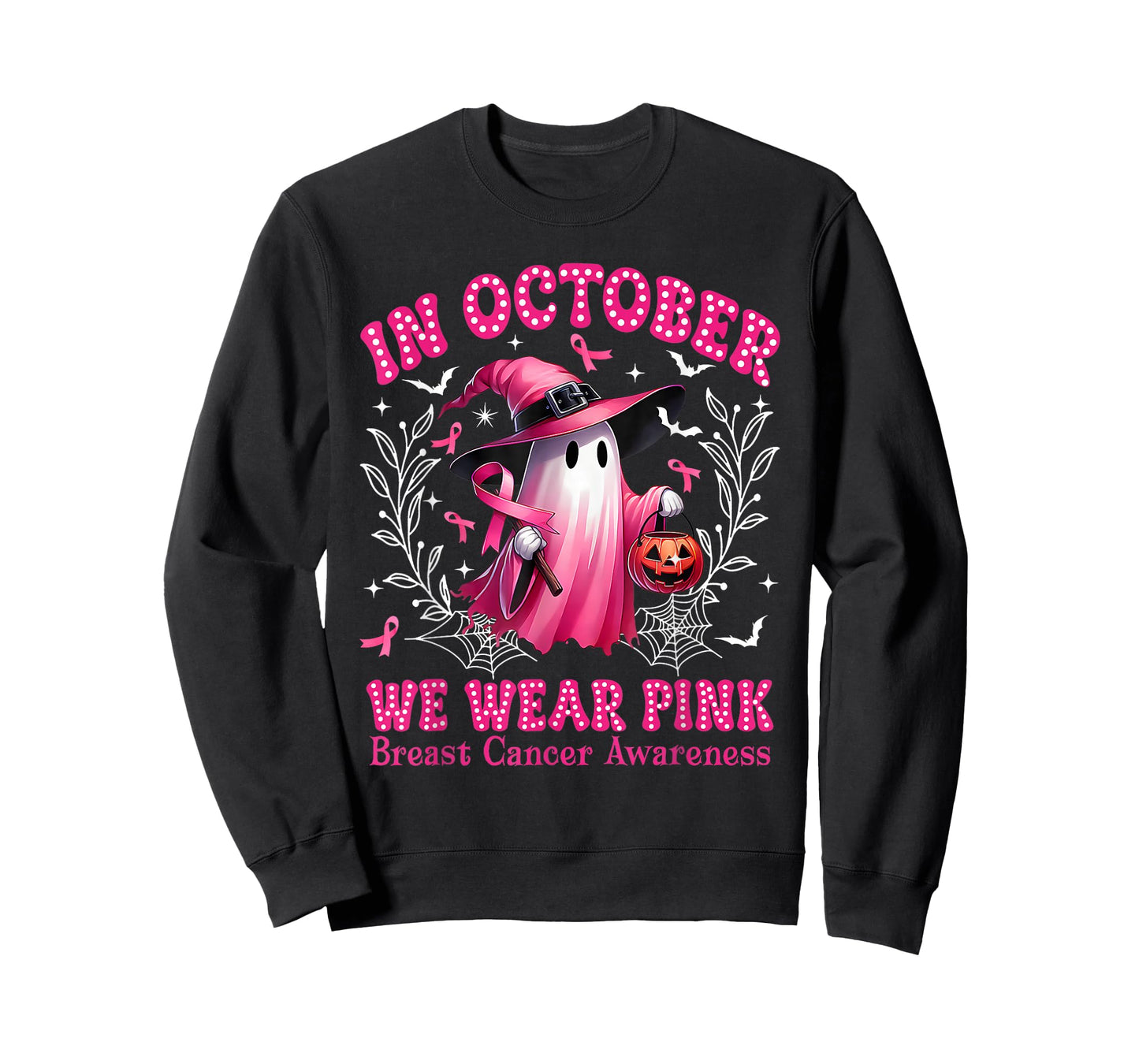 In October We Wear Pink Ghost Witch Breast Cancer Awareness T-Shirt