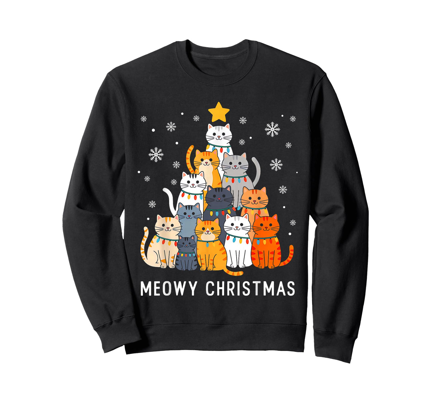 Cute Cat Meowy Christmas Tree Lights Santa Hat Xmas Pajamas T-Shirt