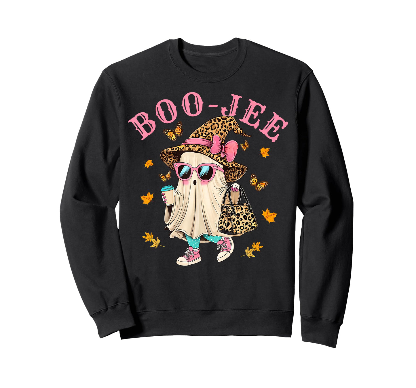 Cute Boo Jee Leopard Ghost Halloween Coffee Women Girl T-Shirt