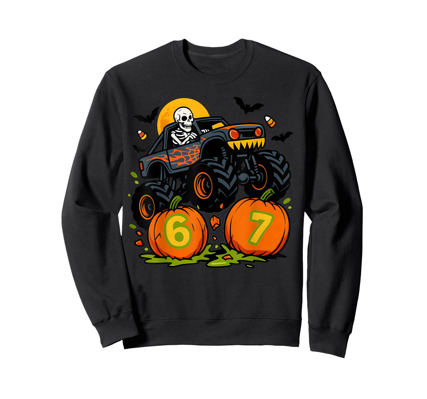 67 Halloween Monster Truck Skeleton Six Seven Meme Boys Kids T-Shirt