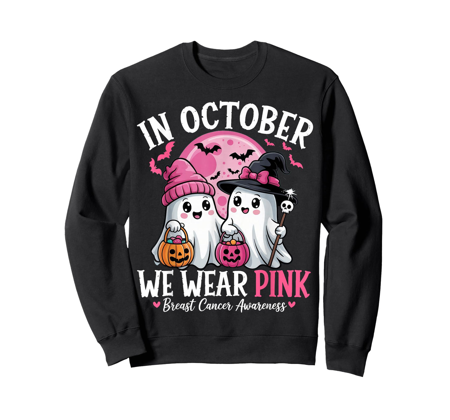 in October We Wear Pink Ghost Witch Breast Cancer Awareness T-Shirt
