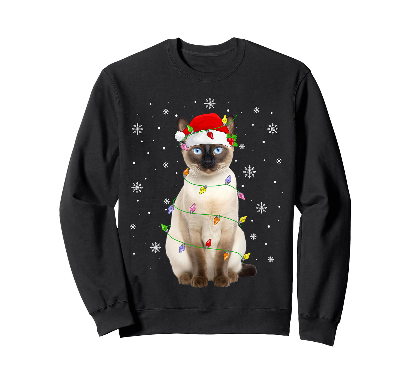 Siamese Cat Christmas Lights Funny Santa Hat Cat Lover Xmas T-Shirt