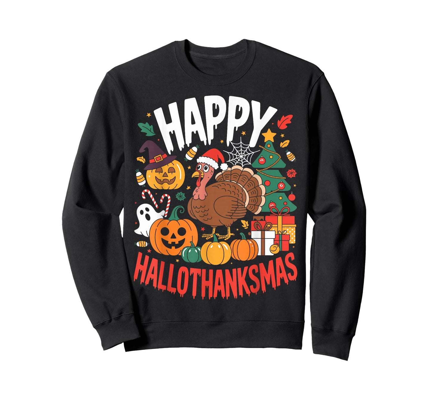 Funny Halloween Thanksgiving Christmas Happy HalloThanksMas T-Shirt