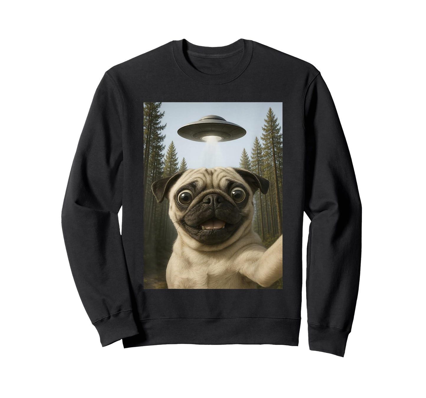Funny Pug Selfie with UFO Alien Dog Humor for Pug Lover T-Shirt