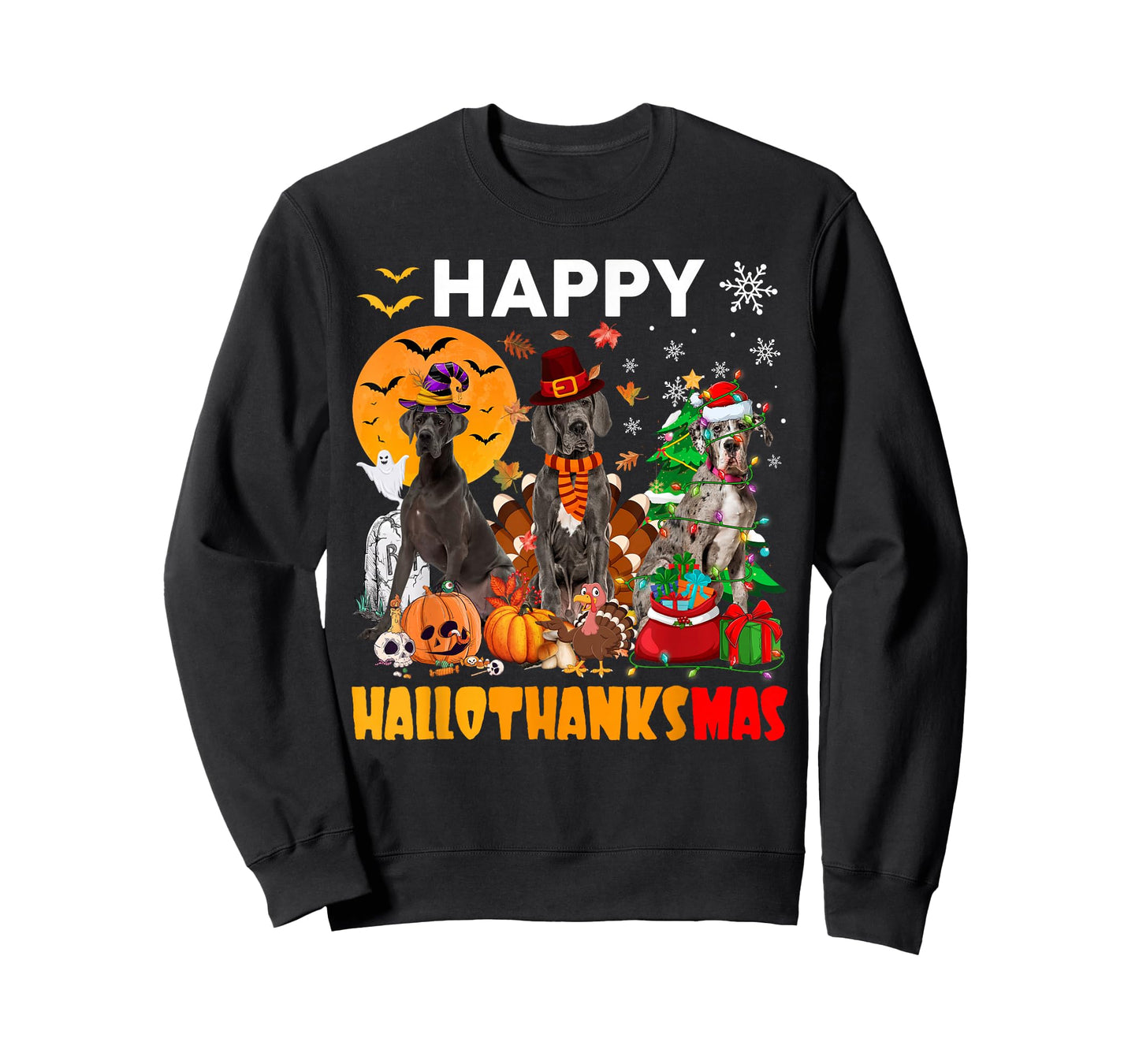 Funny Witch Turkey Santa Great Dane Dog Happy HalloThanksMas T-Shirt