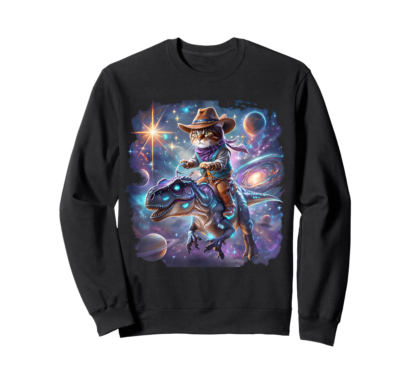 Cat Riding Dinosaur Funny Cat Cowboy Hat Rainbow Galaxy T-Shirt