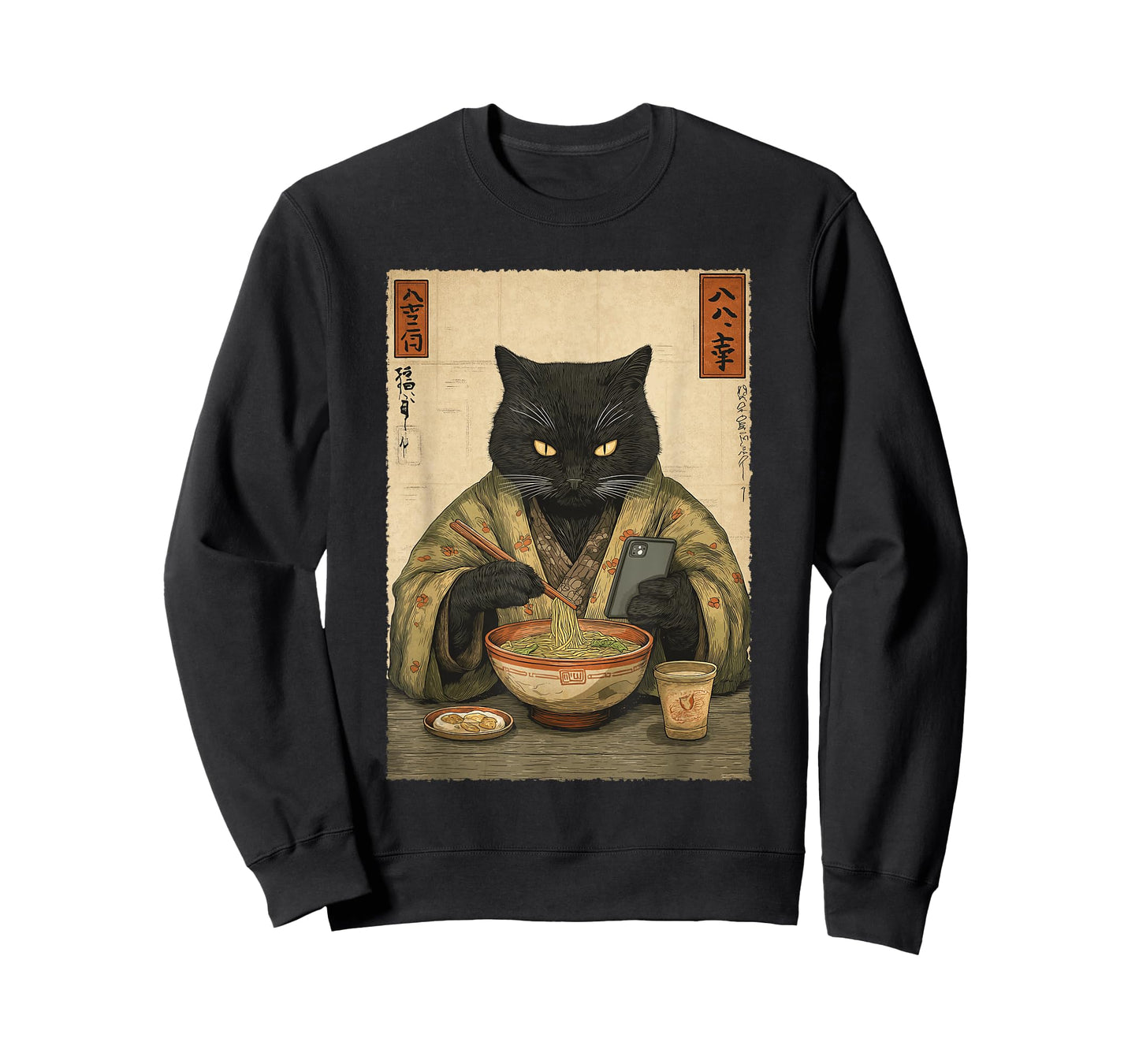 Samurai Cat Eat Ramen Scroll Phone Japanese Food Humor Art T-Shirt