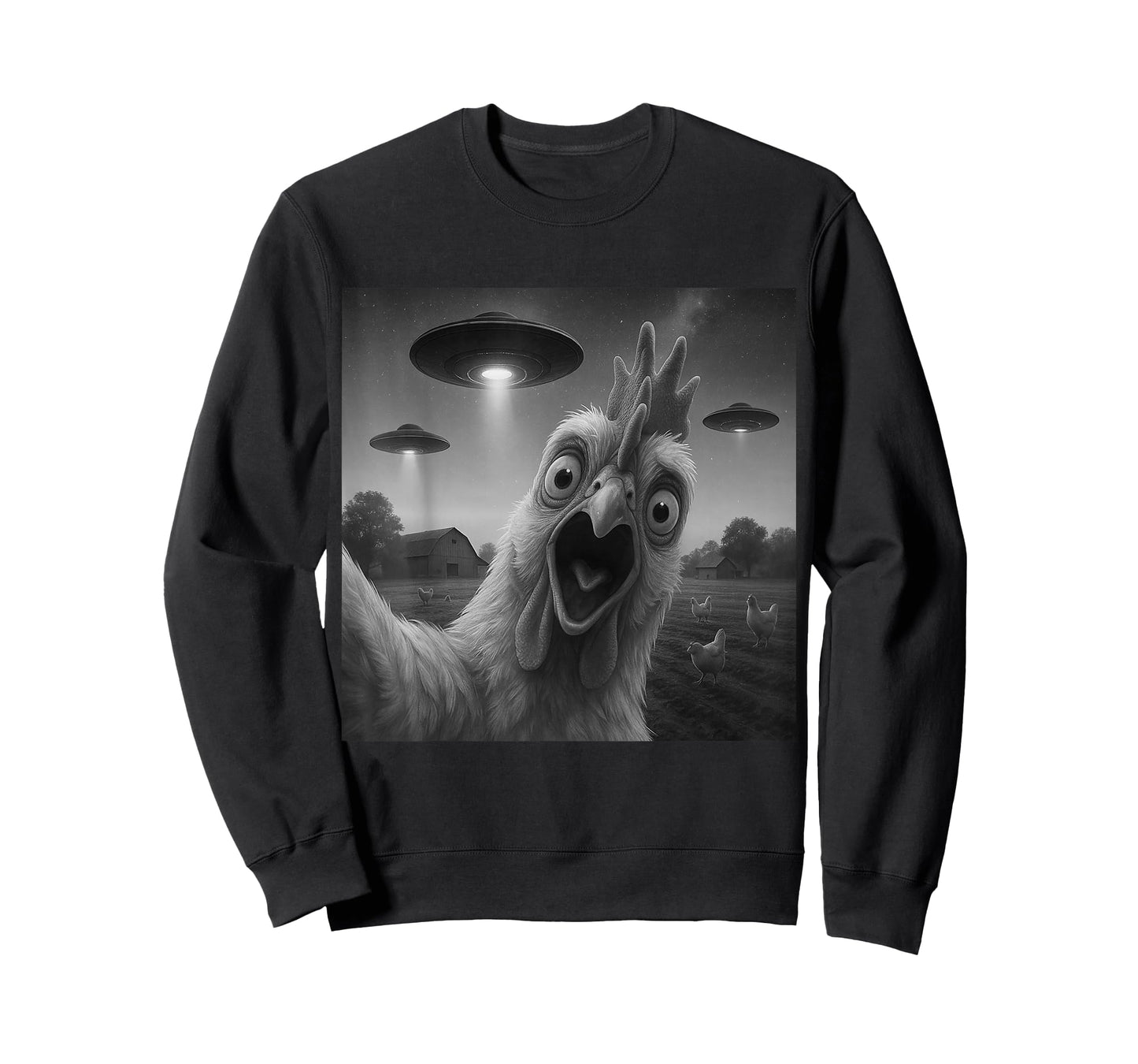 Chicken Rooster Funny Selfie Chicken with UFOs Weird Aliens T-Shirt