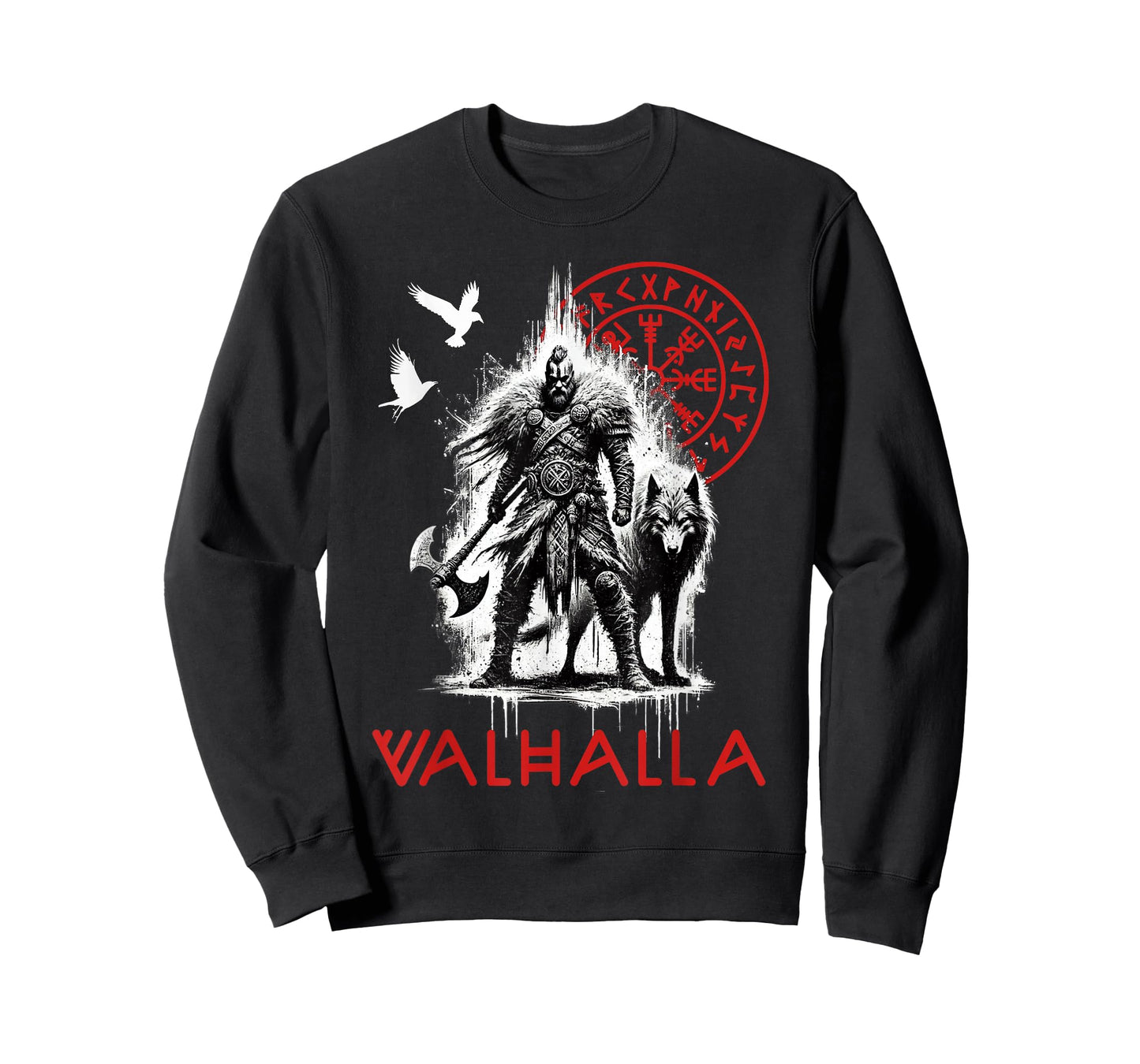 Valhalla Odin Wolf and Raven Viking Runes Norse Compass T-Shirt