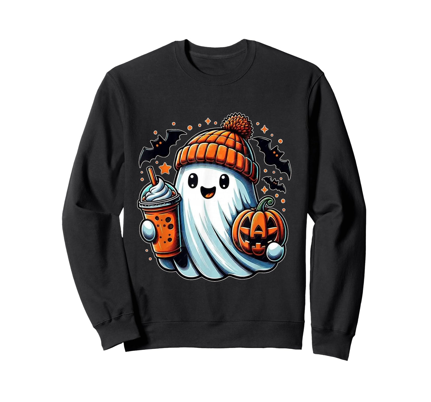 Cute Ghost Drinking Ice Coffee Halloween Pumpkin Mens Womens T-Shirt