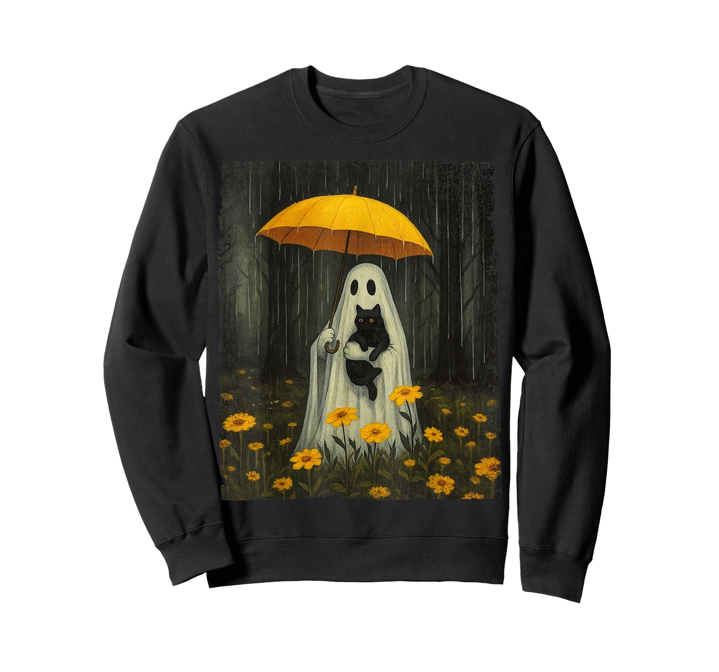 Boo Ghost Umbrella Black Cat Floral Halloween Womens Girls T-Shirt