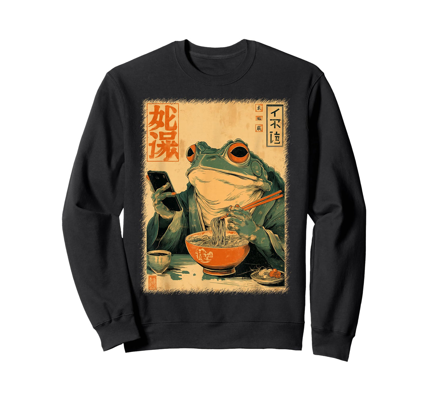 Funny Grumpy Frog Eat Ramen and Scroll Phone Japanese Art T-Shirt