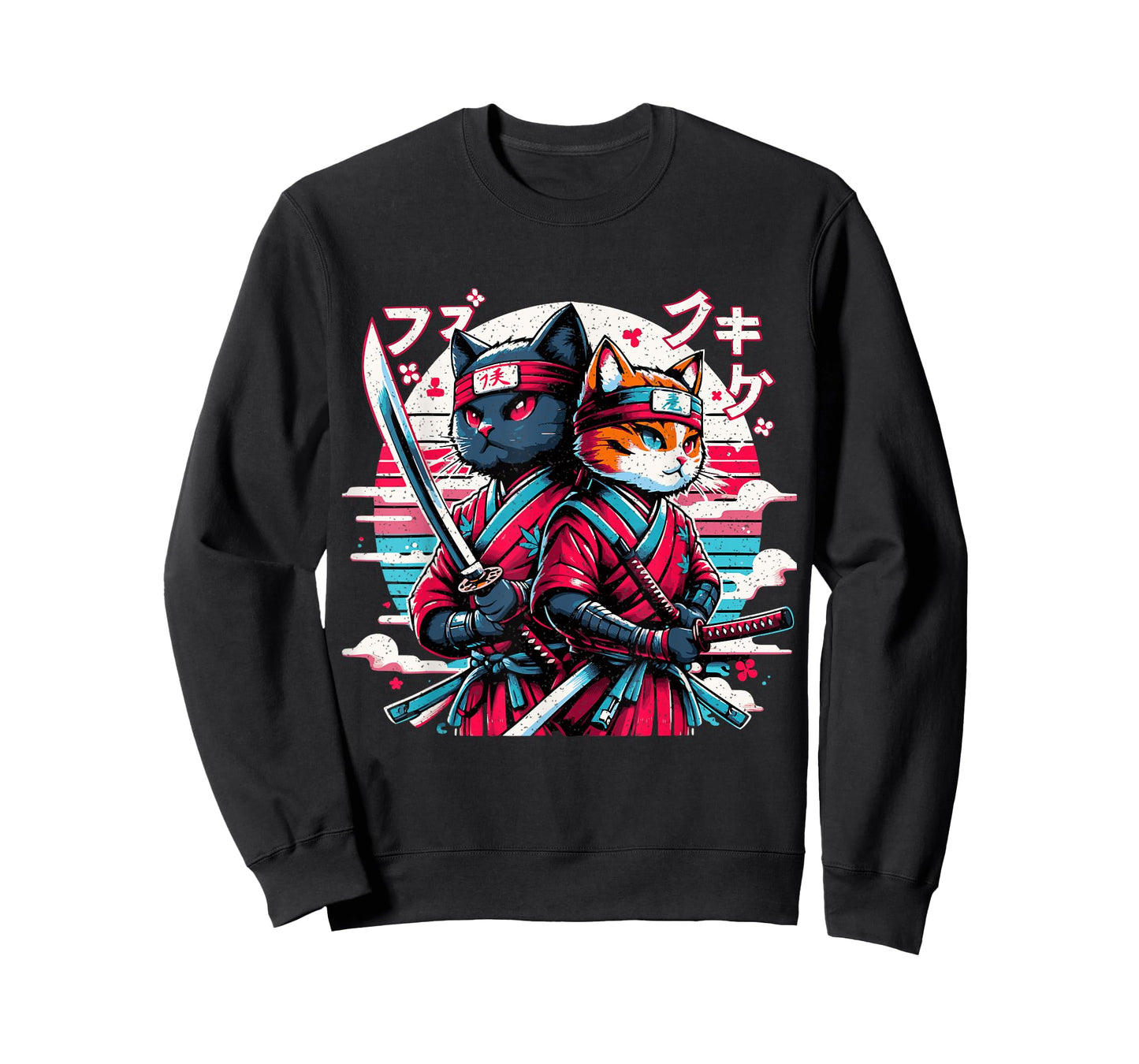 Cute Ninja Cat Couple Japanese Anime Samurai Katana Cats T-Shirt for Men Women Girls Kids