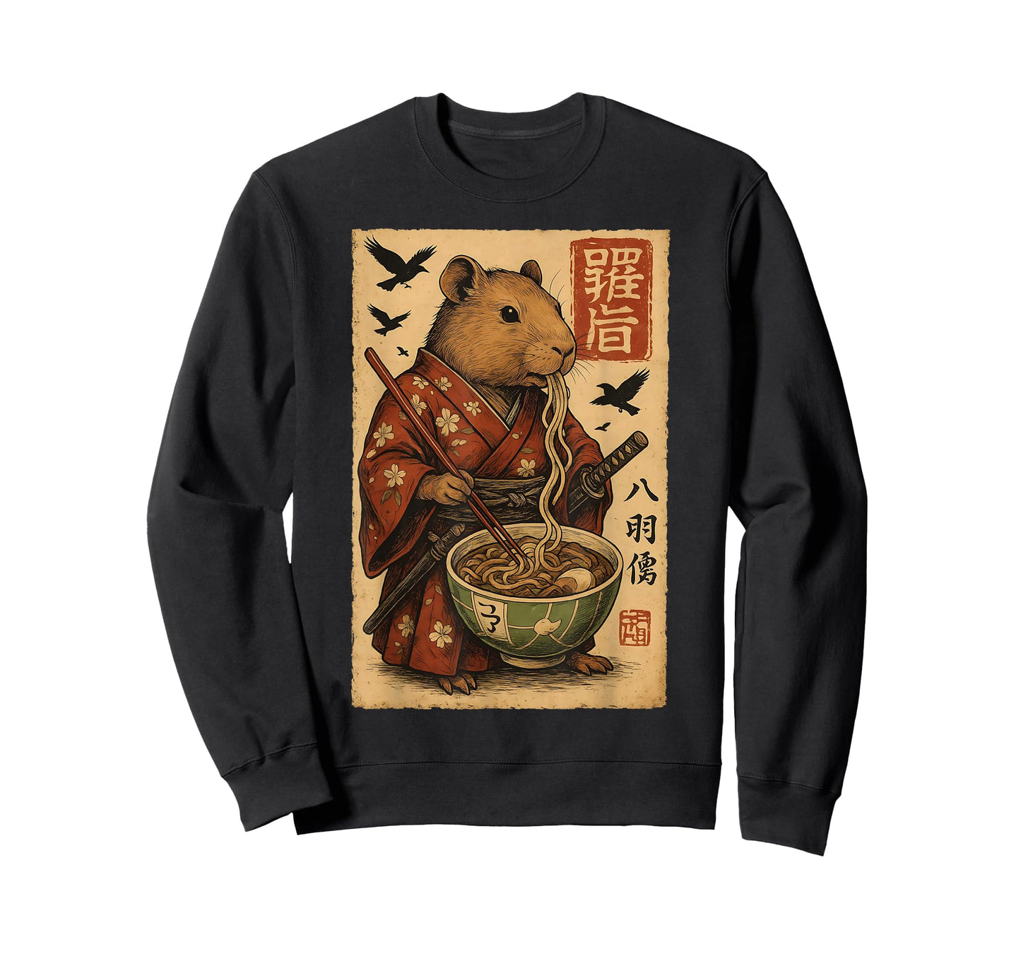 Capybara Samurai Eating Ramen Noodles Funny Japanese Warrior T-Shirt
