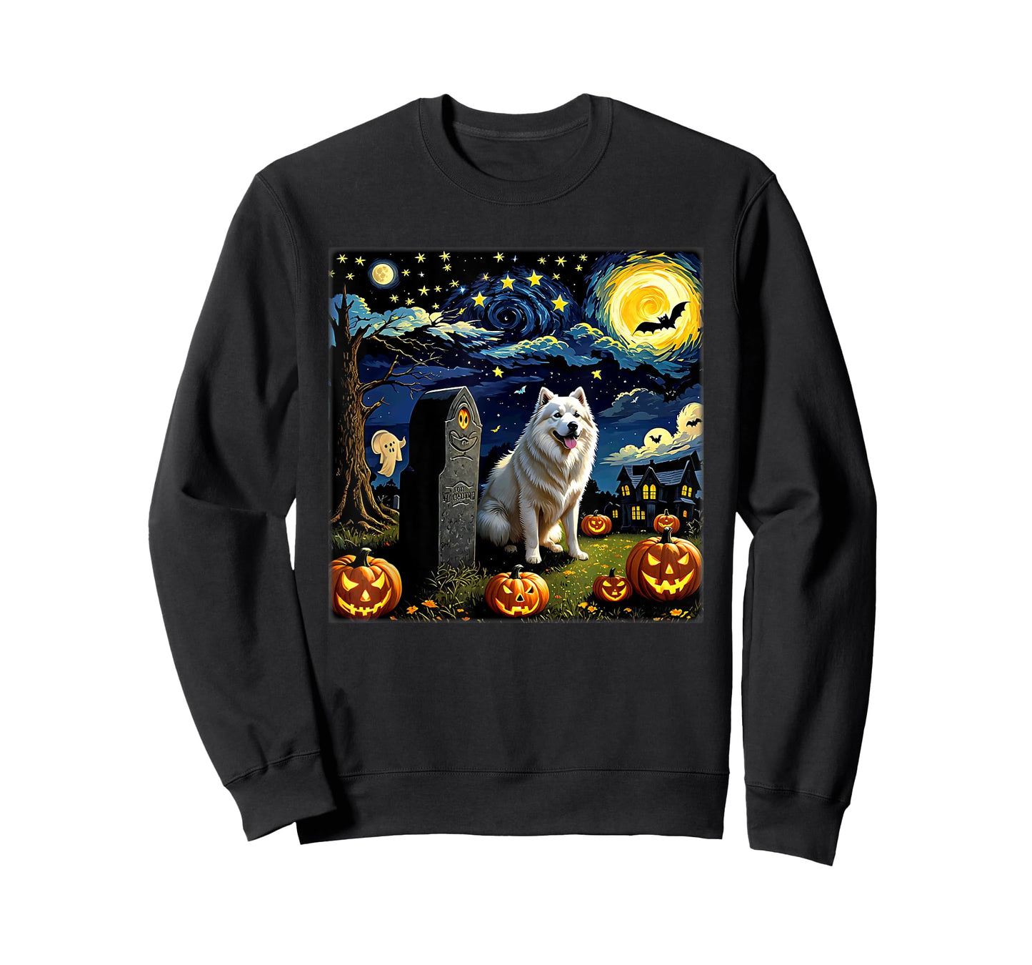 Spooky Halloween Samoyed Dog Starry Night T-Shirt for Men Women Kids