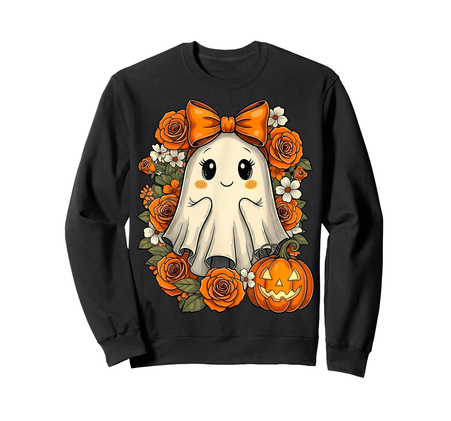 Kawaii Ghost Pumpkin Floral Halloween T-Shirt