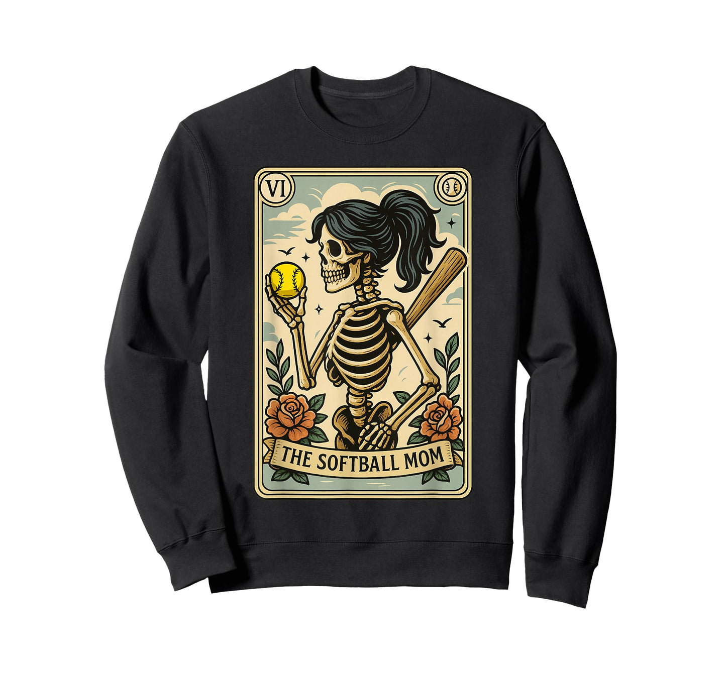 Funny Halloween Softball Mama Mom Skeleton Tarot Card T-Shirt
