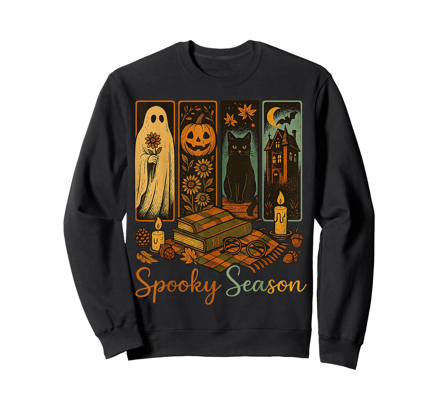 Horror Spooky Season Retro Halloween Ghost Cat Pumpkin T-Shirt