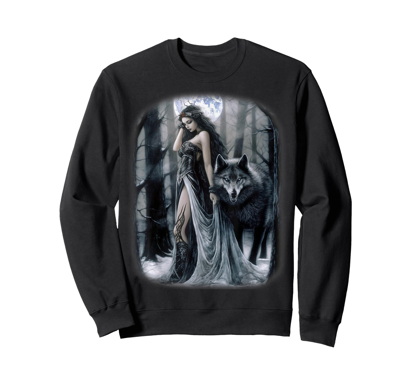Woman and Gray Wolf in Forest Moon Fantasy Art Painting T-Shirt