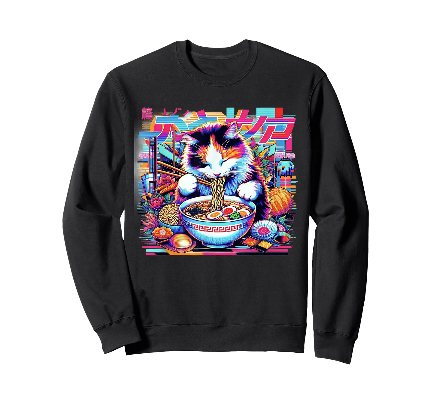 Vaporwave Japanese Glitch Art Cat Eating Ramen T-Shirt