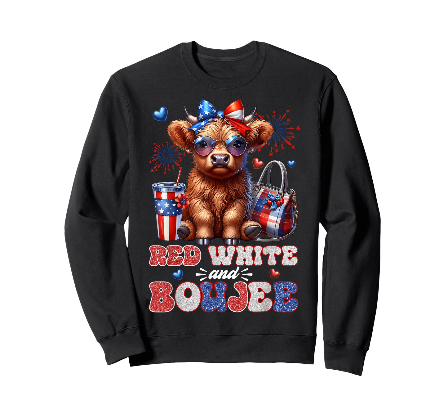 Cute Red White And Boujee Highland Cow 4th Of July Patriotic T-Shirt