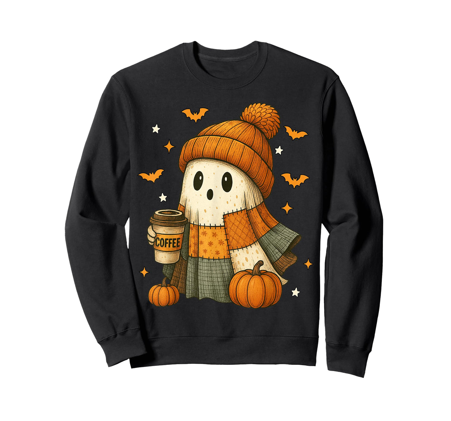 Cute Ghost Drinking Coffee Halloween Patchwork Ghost Women T-Shirt