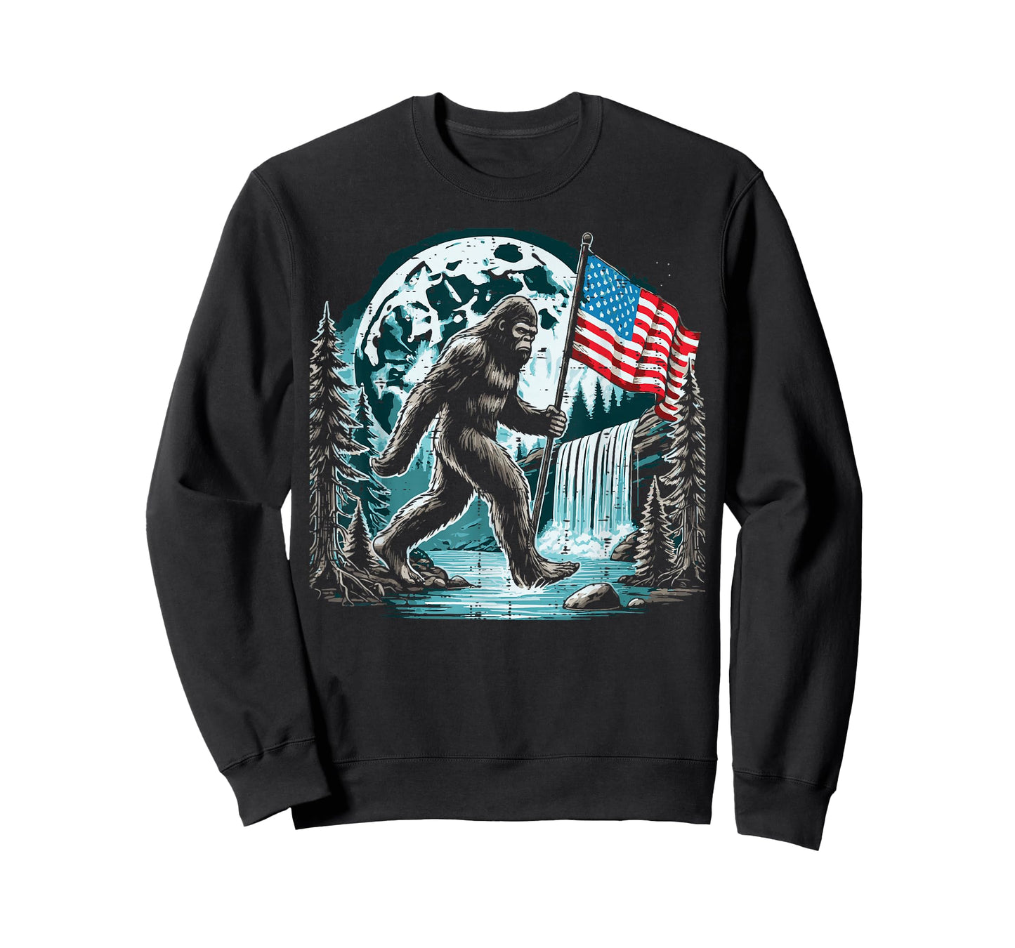 Bigfoot Sasquatch USA Flag Moon Patriotic Men Women Kids T-Shirt