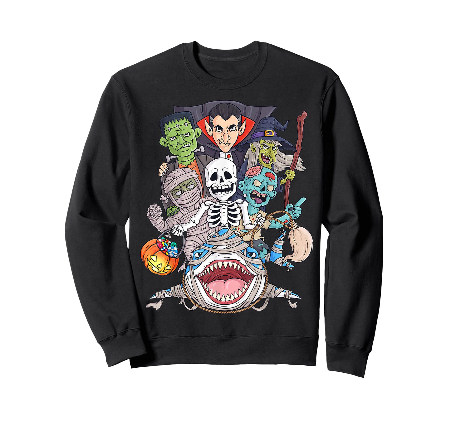 Skeleton Zombie Riding Mummy Shark Funny Halloween Pumpkin T-Shirt