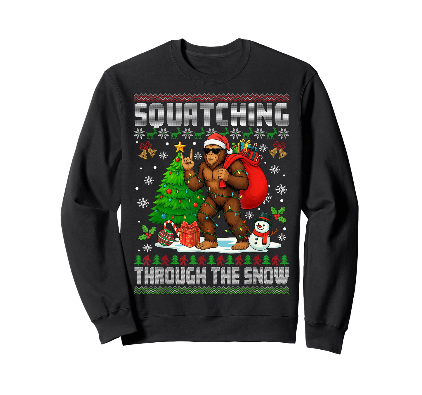 Squatching Through The Snow Bigfoot Lovers Ugly Christmas T-Shirt
