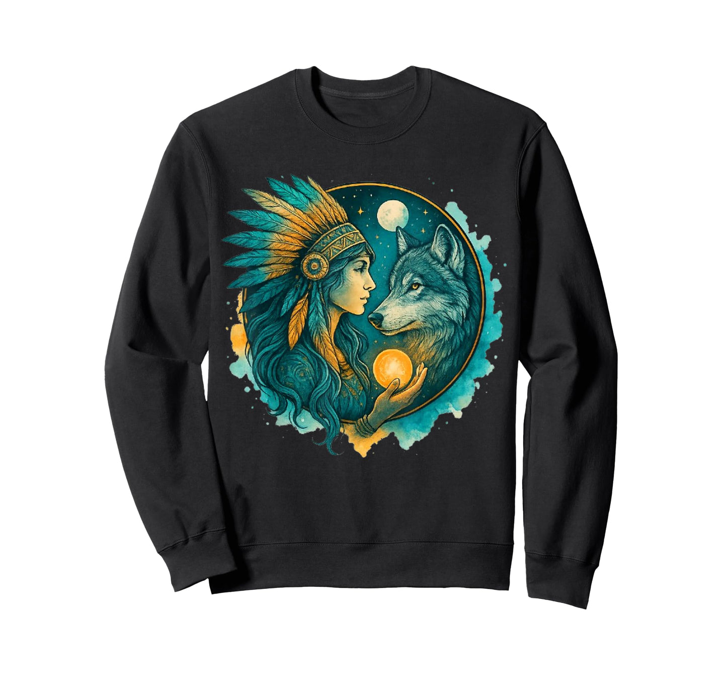 Indian Native American Woman with White Wolf Vitage T-Shirt