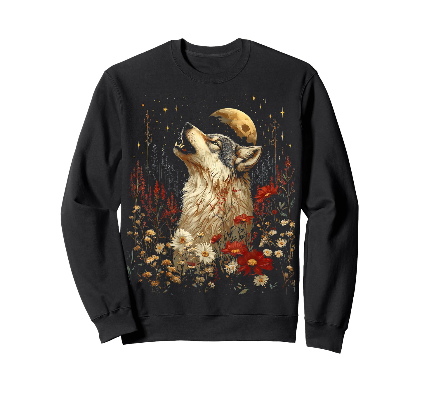 Boho Wolf Howling at the Moon Floral Mystical Graphic Women T-Shirt