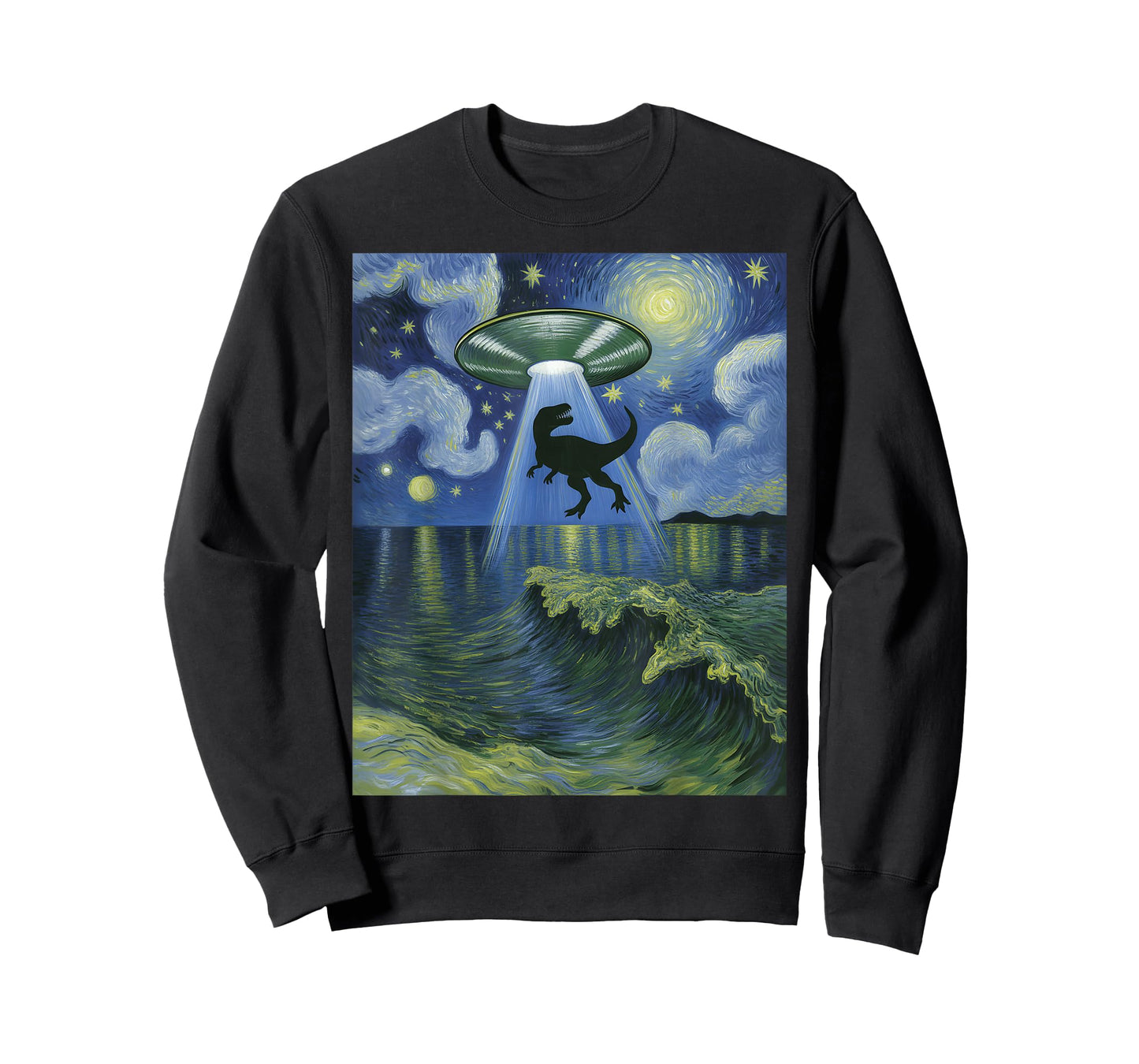 Starry Night Alien UFO Abduction Dinosaurs Van Gogh Art T-Shirt