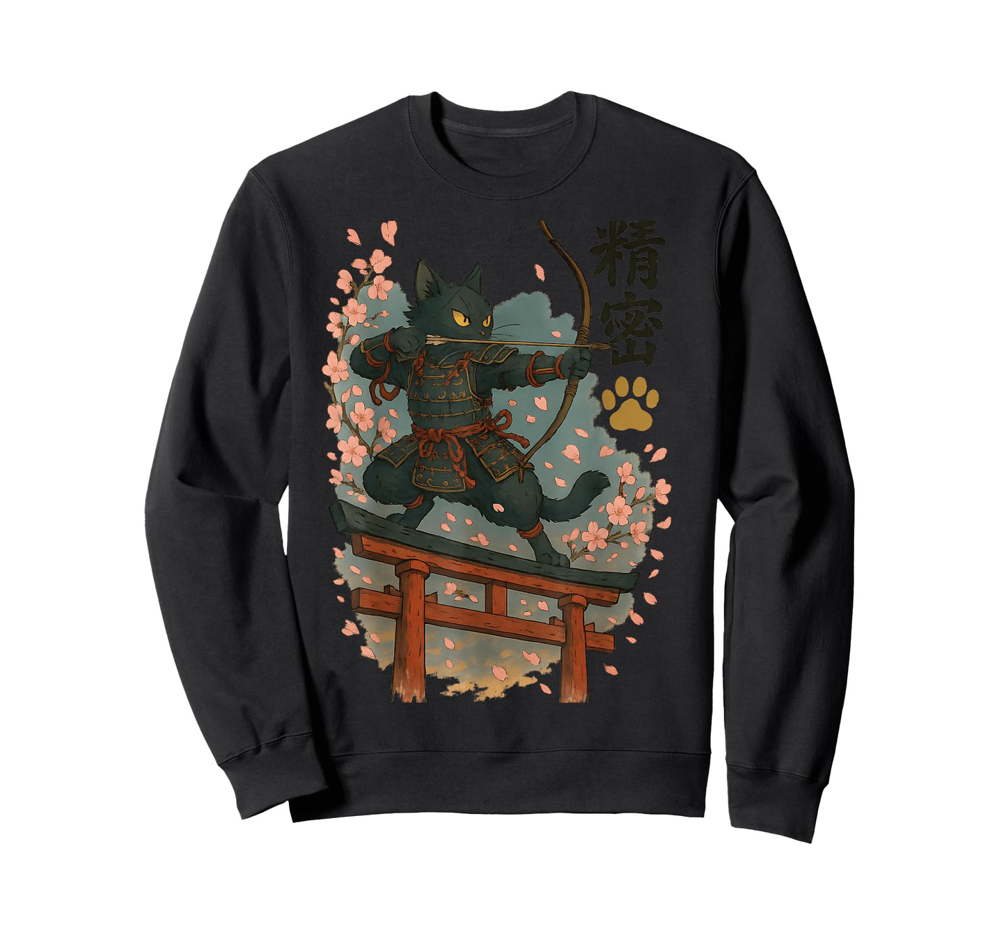 Samurai Cat Archer at Dusk Fierce Black Neko, Crimson Men Women T-Shirt