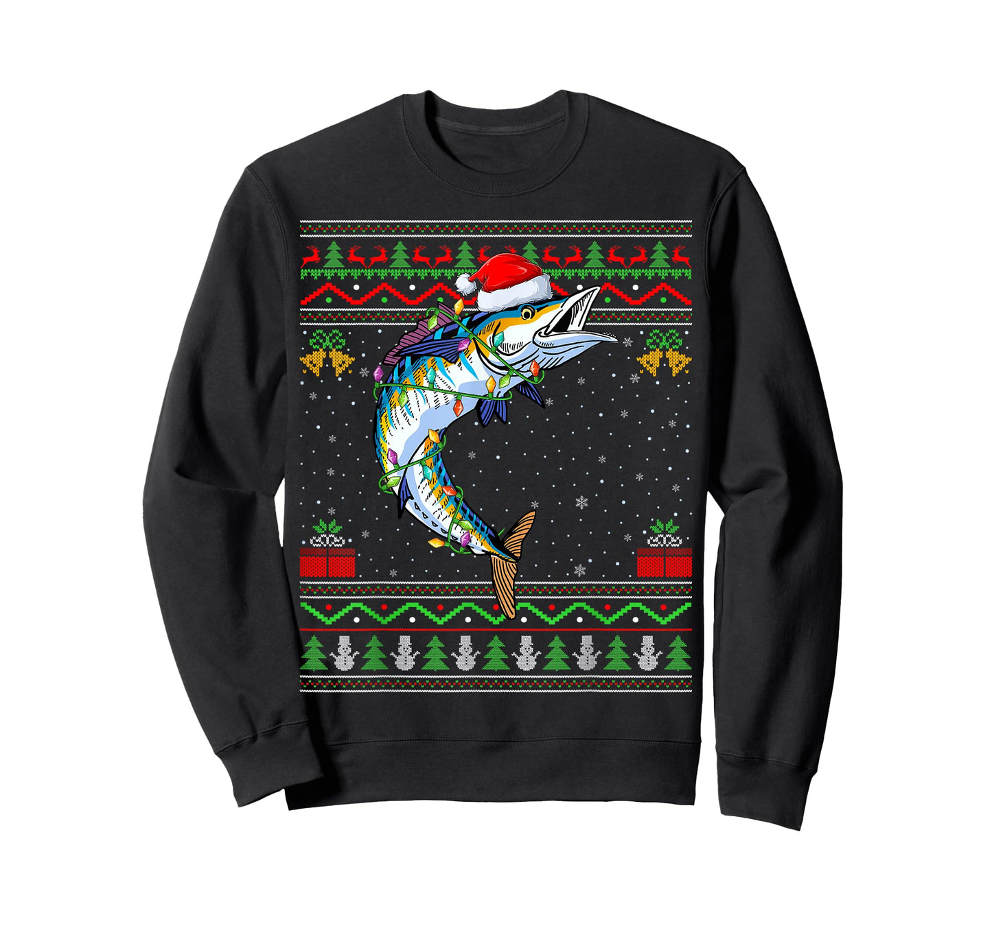 Xmas Lights Ugly Sweater Style Santa Wahoo Fish Christmas T-Shirt