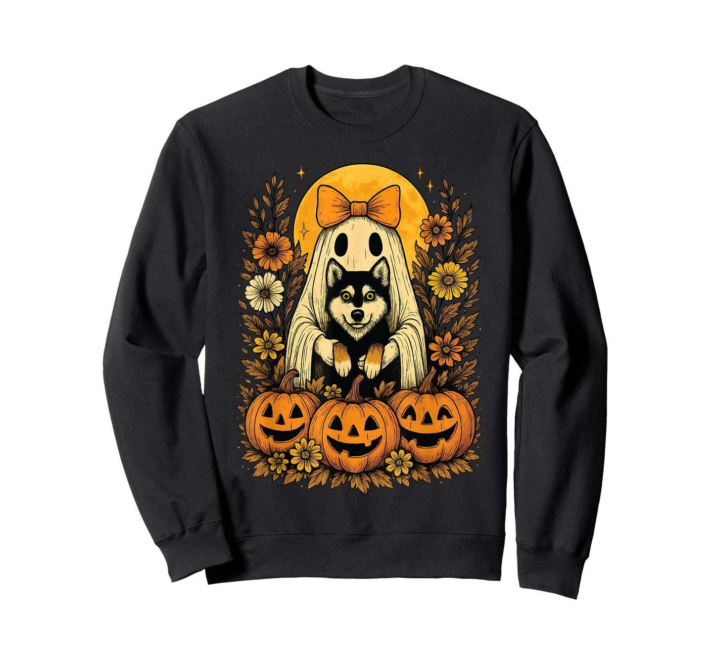 Vintage Halloween Ghost Holding Siberian Husky Dog T-Shirt