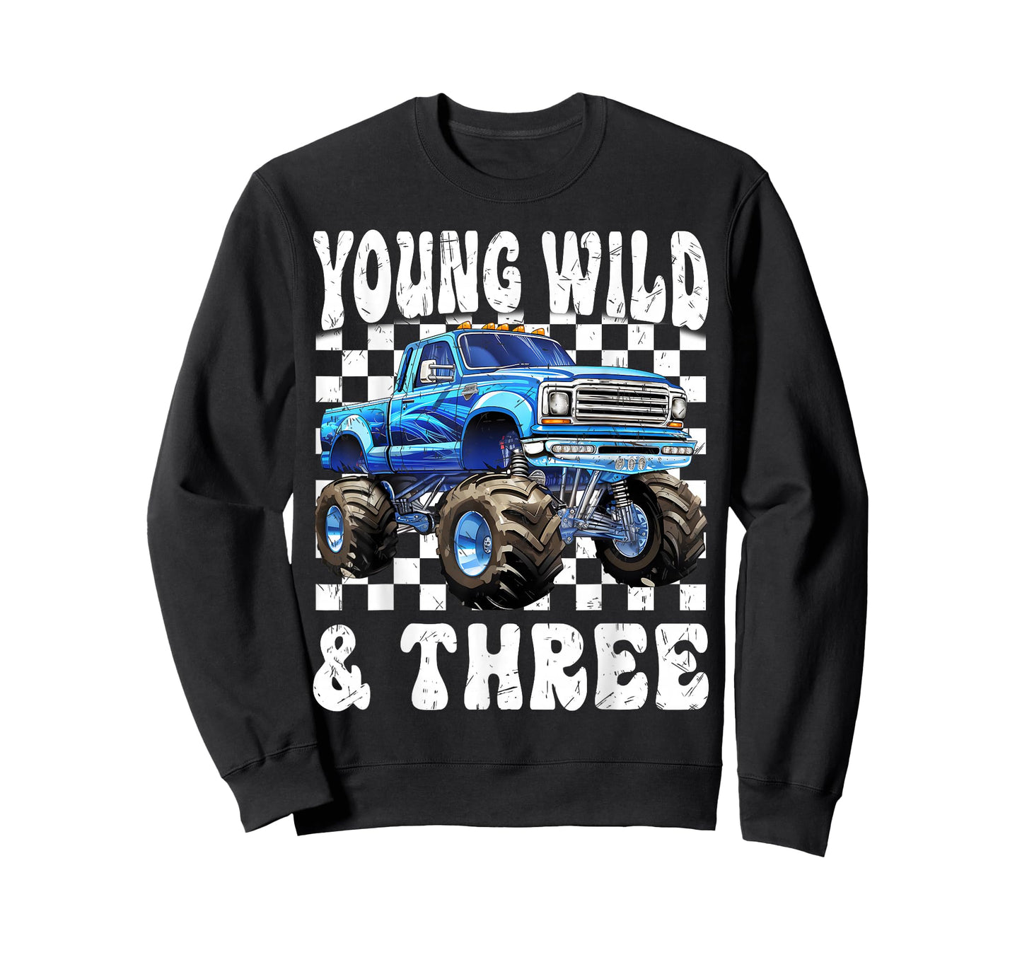 3 Years Old Kids Young Wild & Three Monster Truck Birthday T-Shirt