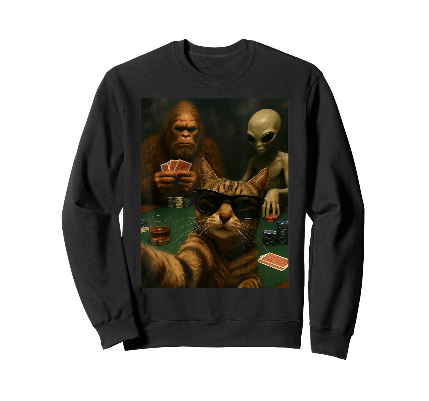 Cat Poker Selfie Bigfoot & Alien Playing Cards Funny T-Shirt