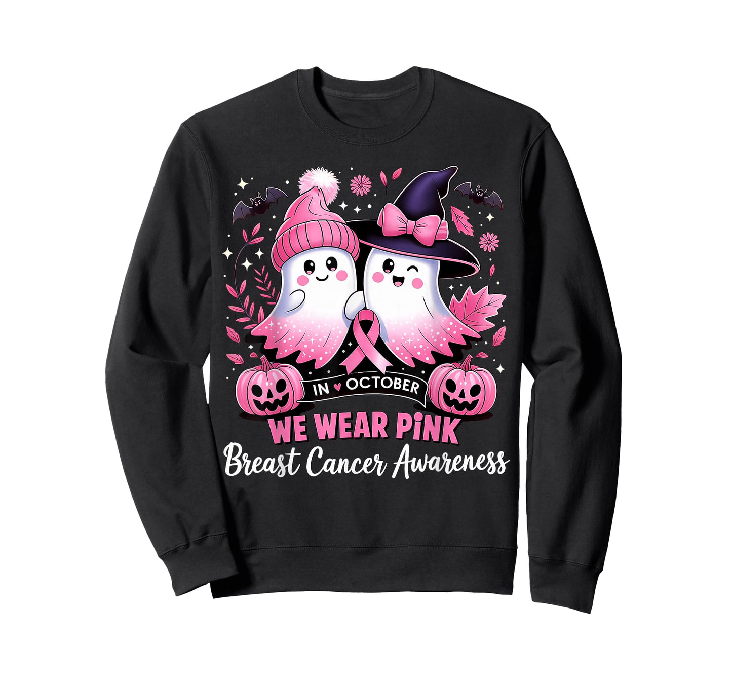 in October We Wear Pink Ghost Witch Breast Cancer Awareness T-Shirt