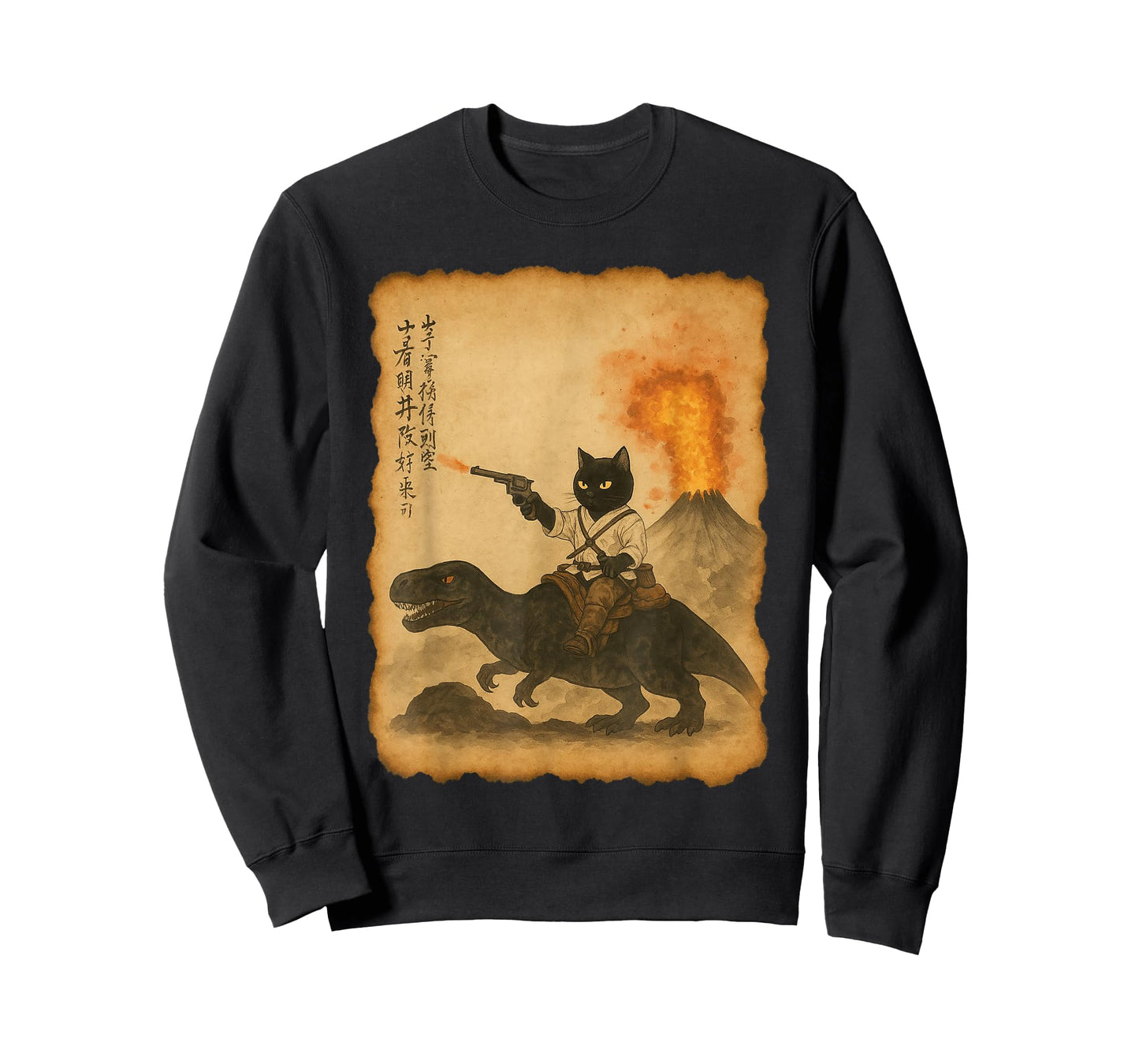 black cat samurai riding dinosaur volcanic eruption art T-Shirt