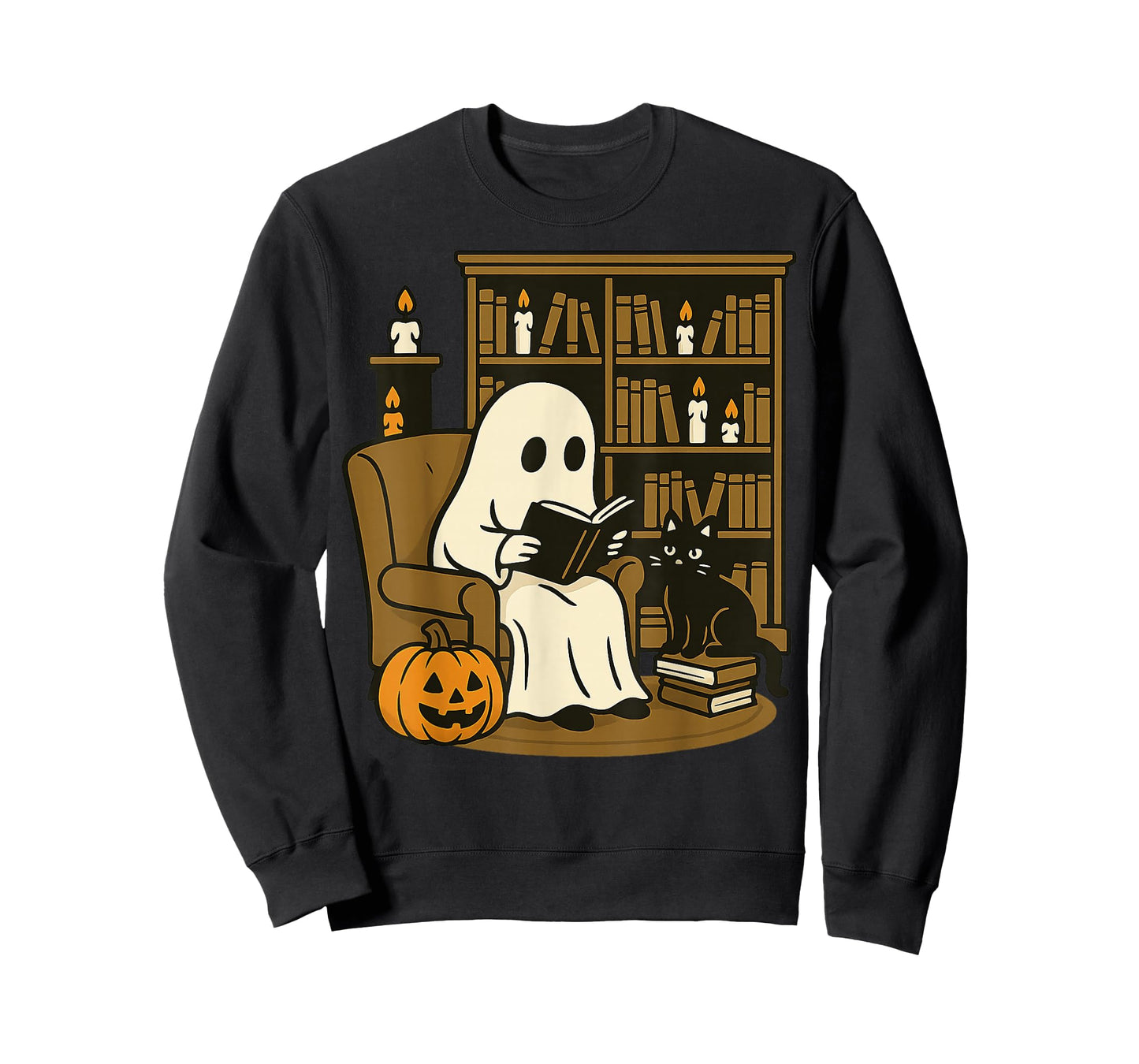 Cozy Reading with Black Cat and Pumpkin Halloween T-Shirt