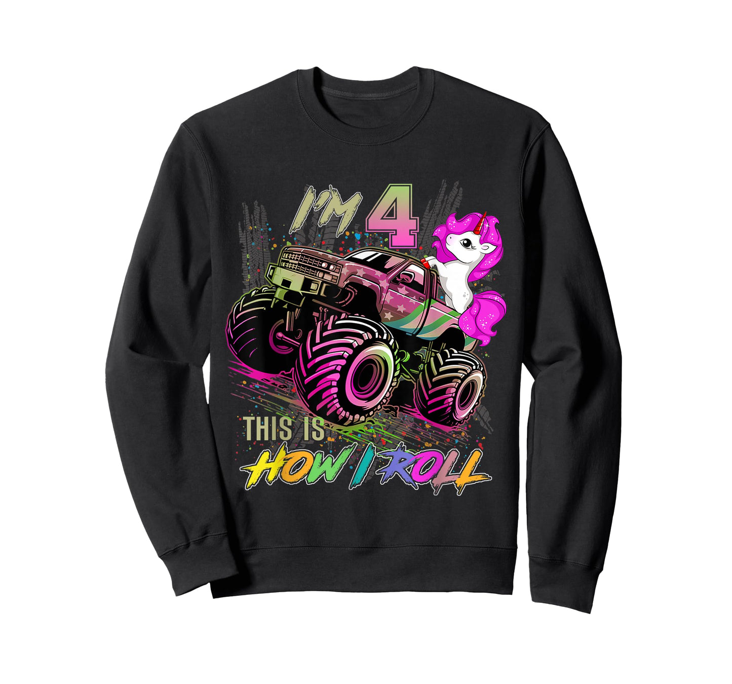 4 Year Old Girl Loves Monster Truck & Unicorn, 4th Birthday T-Shirt