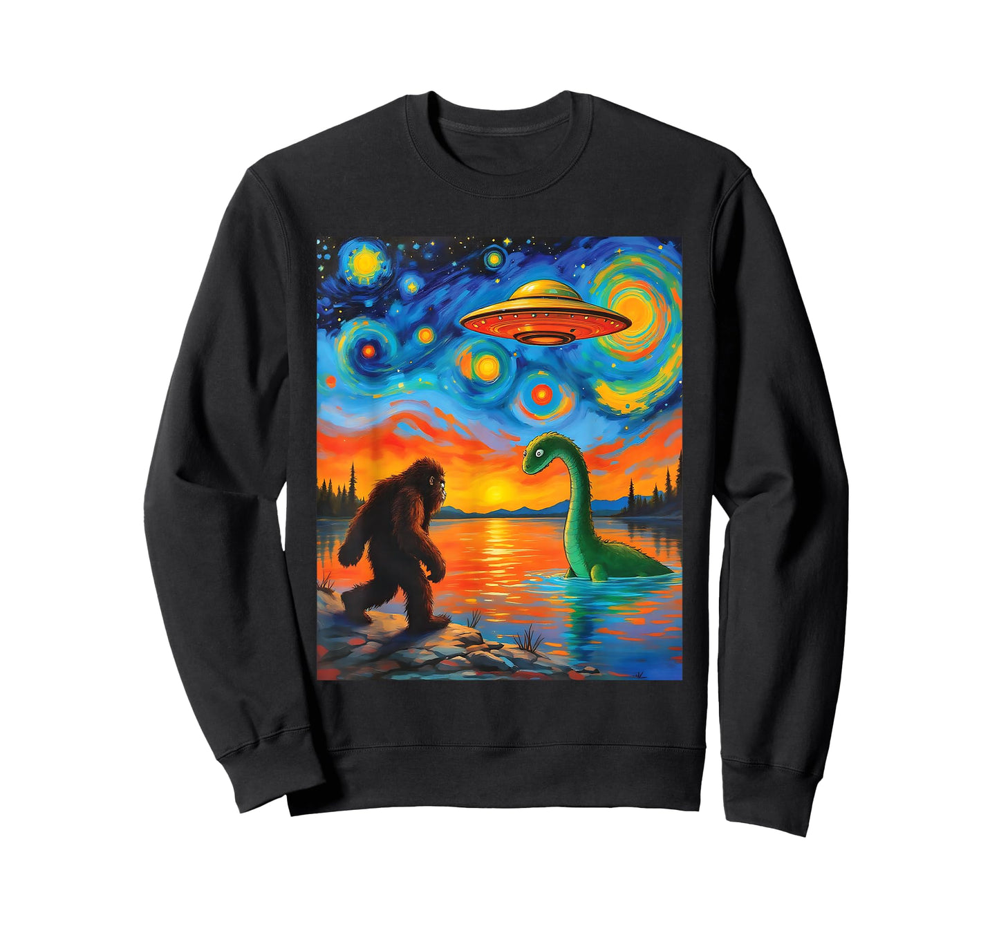 Bigfoot UFO Alien Encounter Van Gogh Starry Night Mystery T-Shirt